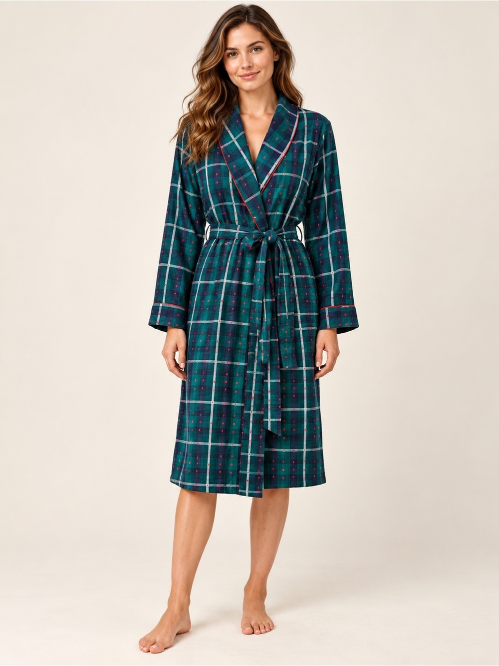 Lord & Taylor Green Plaid Tie-Waist Robe L 100 % cotton